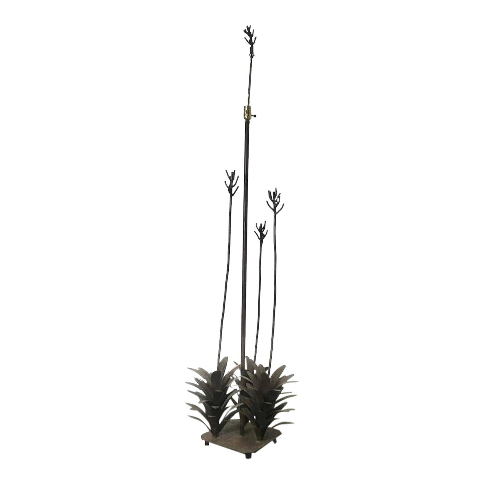 1970s Wrought Iron Desert Flower Cactus Floor Lamp: Vintage dark brown iron floor lamp with a rough texture, befitting it's design. Twig finial. Ideal floor lamp for natural nature decor, desert theme, southwest decor or botanical theme. DIMENSIONS: He