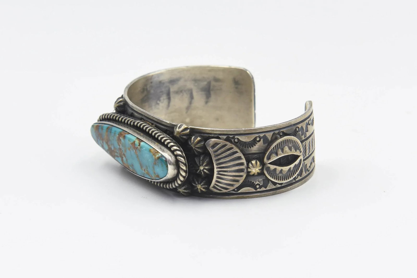 Late 20th Century Native American Turquoise Sterling Silver Cuff Bracelet by Lorenzo James - 6