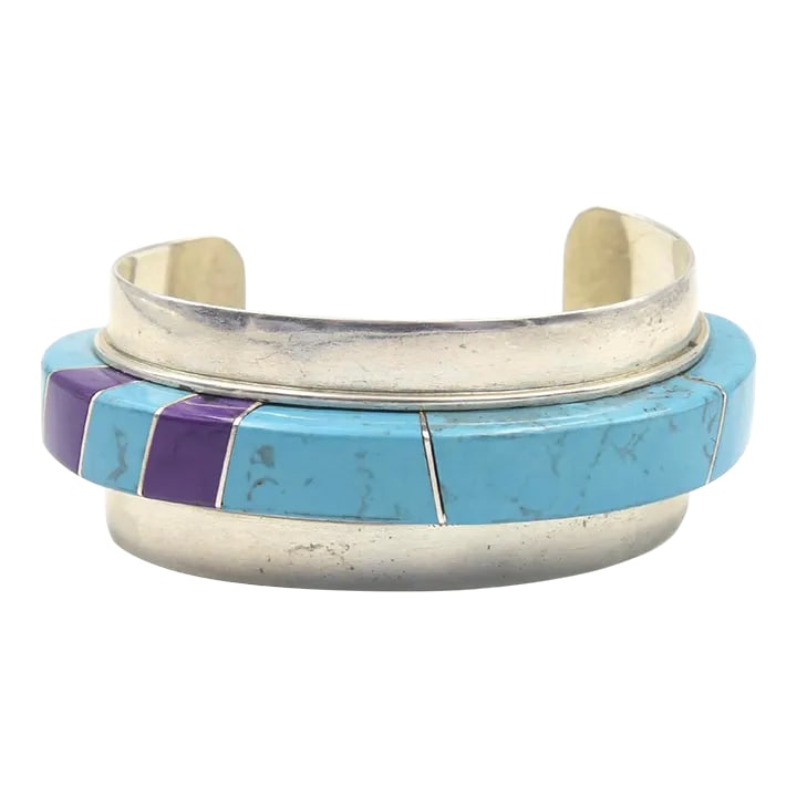 Mid 20th Century Modernist Jack Woolsey Turquoise & Jasper Sterling Silver Cuff Bracelet: This is part of Chairish's Costume Jewelry assortment. 1970s Stunning 1" wide vintage inlaid sterling silver cuff bracelet by Modernist Jack Woolsey. This outstanding bracelet contains an impressive