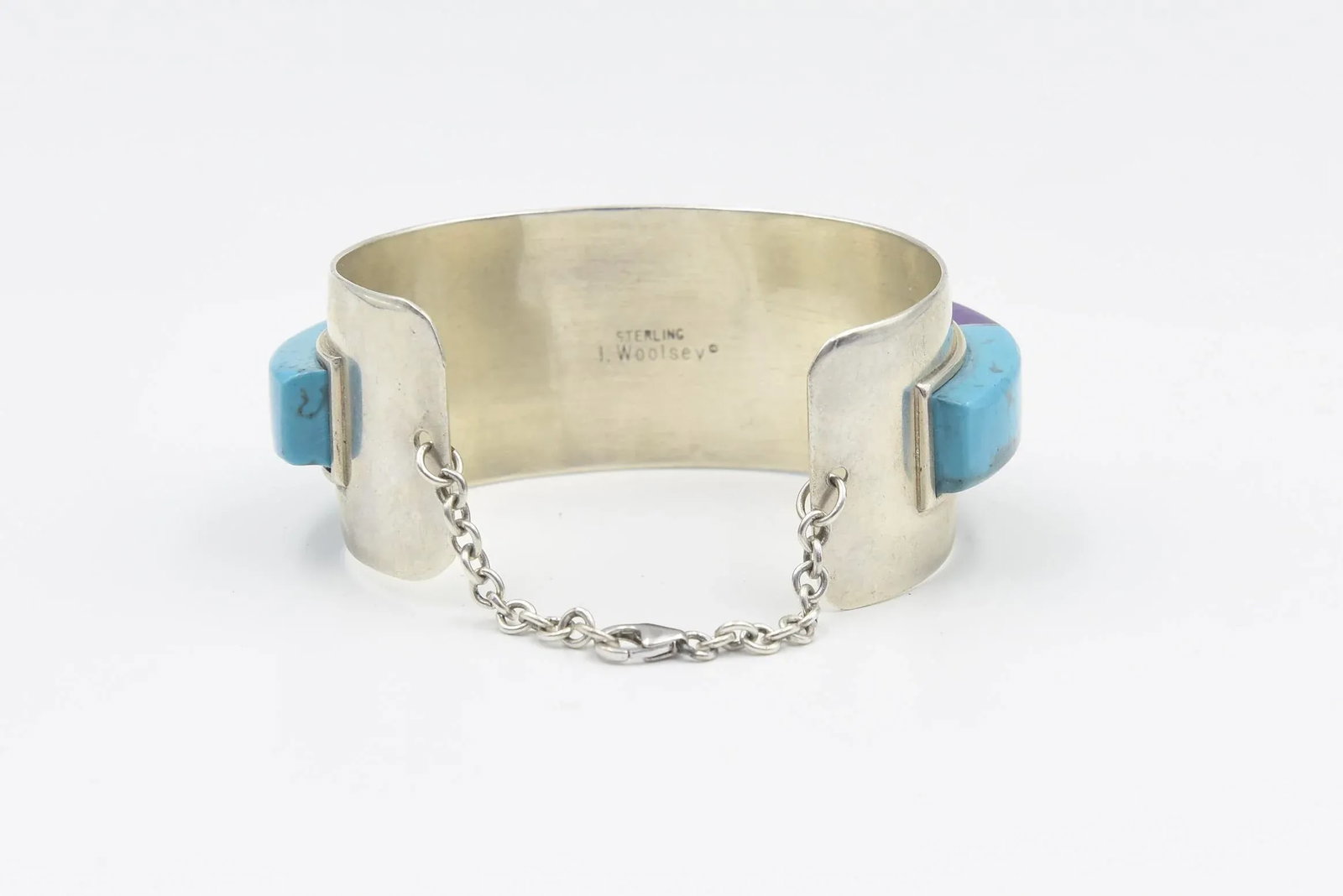 Mid 20th Century Modernist Jack Woolsey Turquoise & Jasper Sterling Silver Cuff Bracelet - 6
