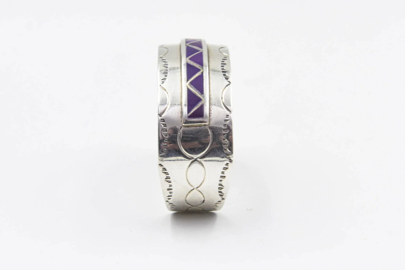 Late 20th Century Navajo Native American Inlay Sugilite Sterling Silver Cuff Bracelet by Mary Morgan - 11