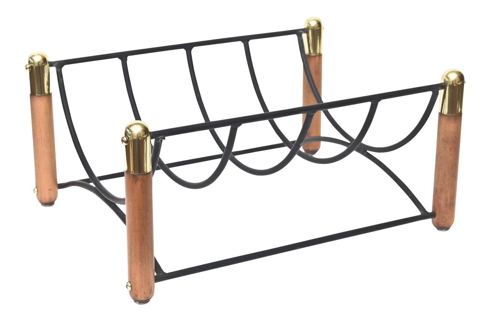 Mid Century Modern Wood, Iron and Brass Magazine or Fireplace Log Rack: This midcentury modern brass, wood and black iron magazine rack and or log rack for a fireplace is handsome. The brass has been polished and the wood semi redone. It is from the 1950s. This has a mult