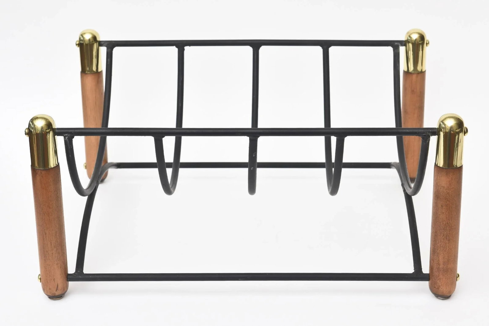 Mid Century Modern Wood, Iron and Brass Magazine or Fireplace Log Rack - 2