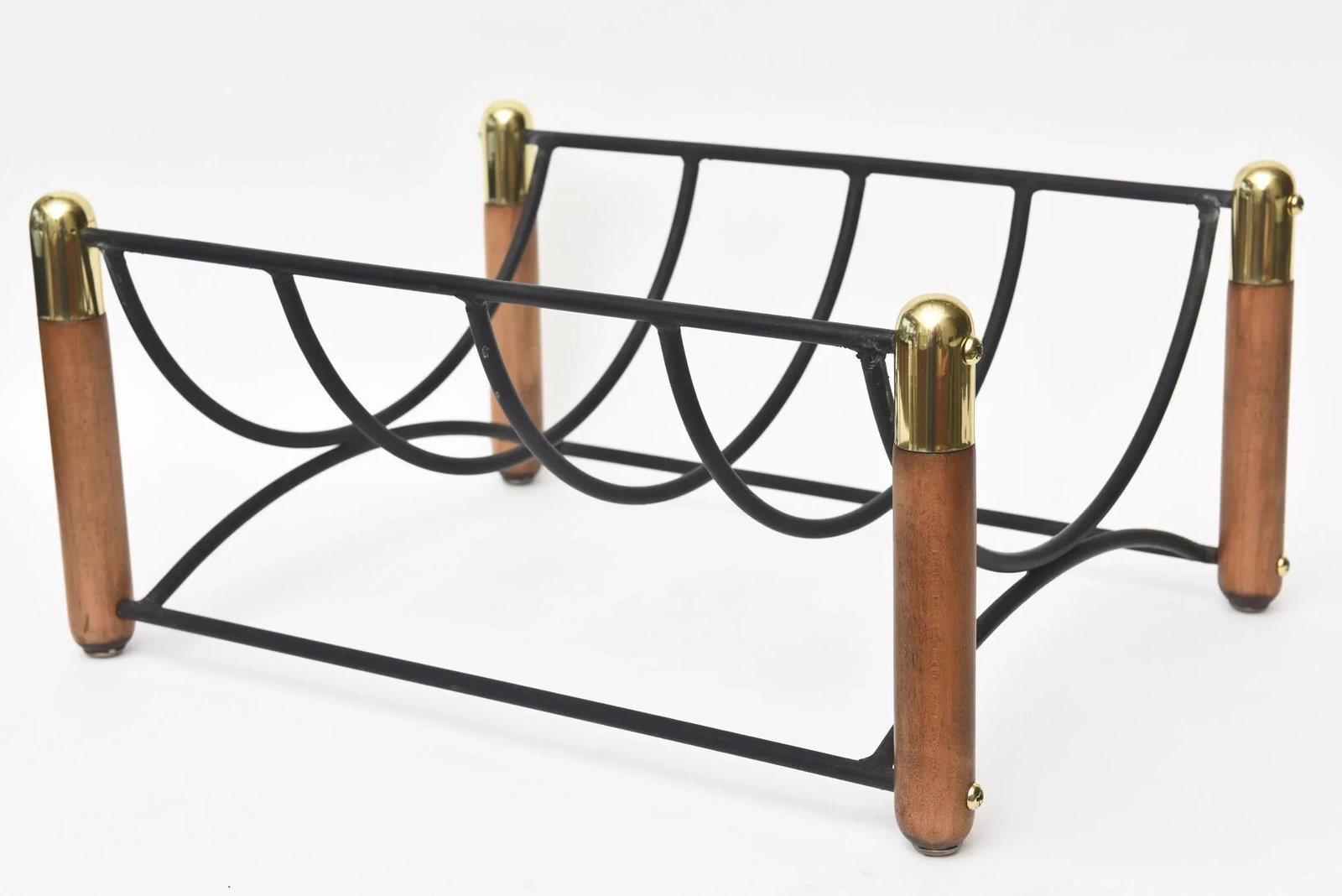 Mid Century Modern Wood, Iron and Brass Magazine or Fireplace Log Rack - 3