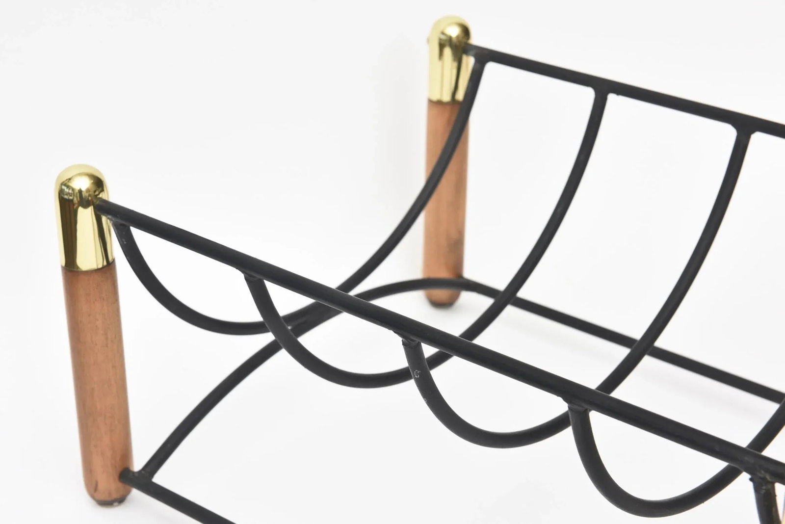 Mid Century Modern Wood, Iron and Brass Magazine or Fireplace Log Rack - 4