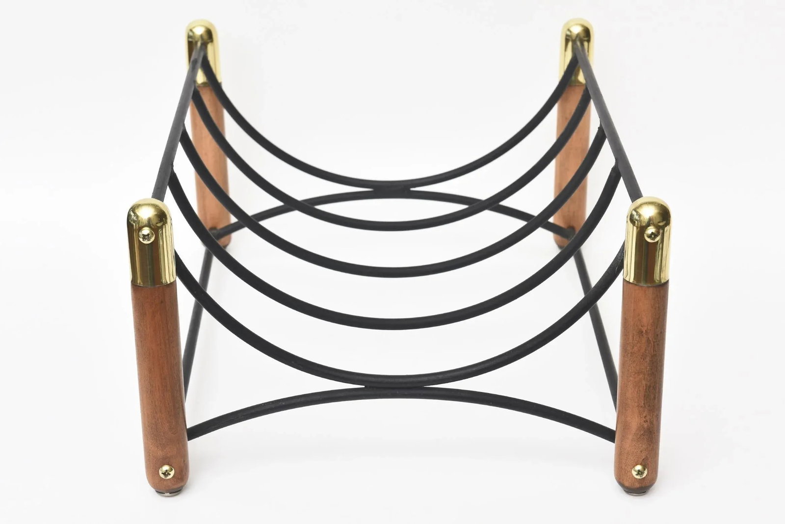 Mid Century Modern Wood, Iron and Brass Magazine or Fireplace Log Rack - 5