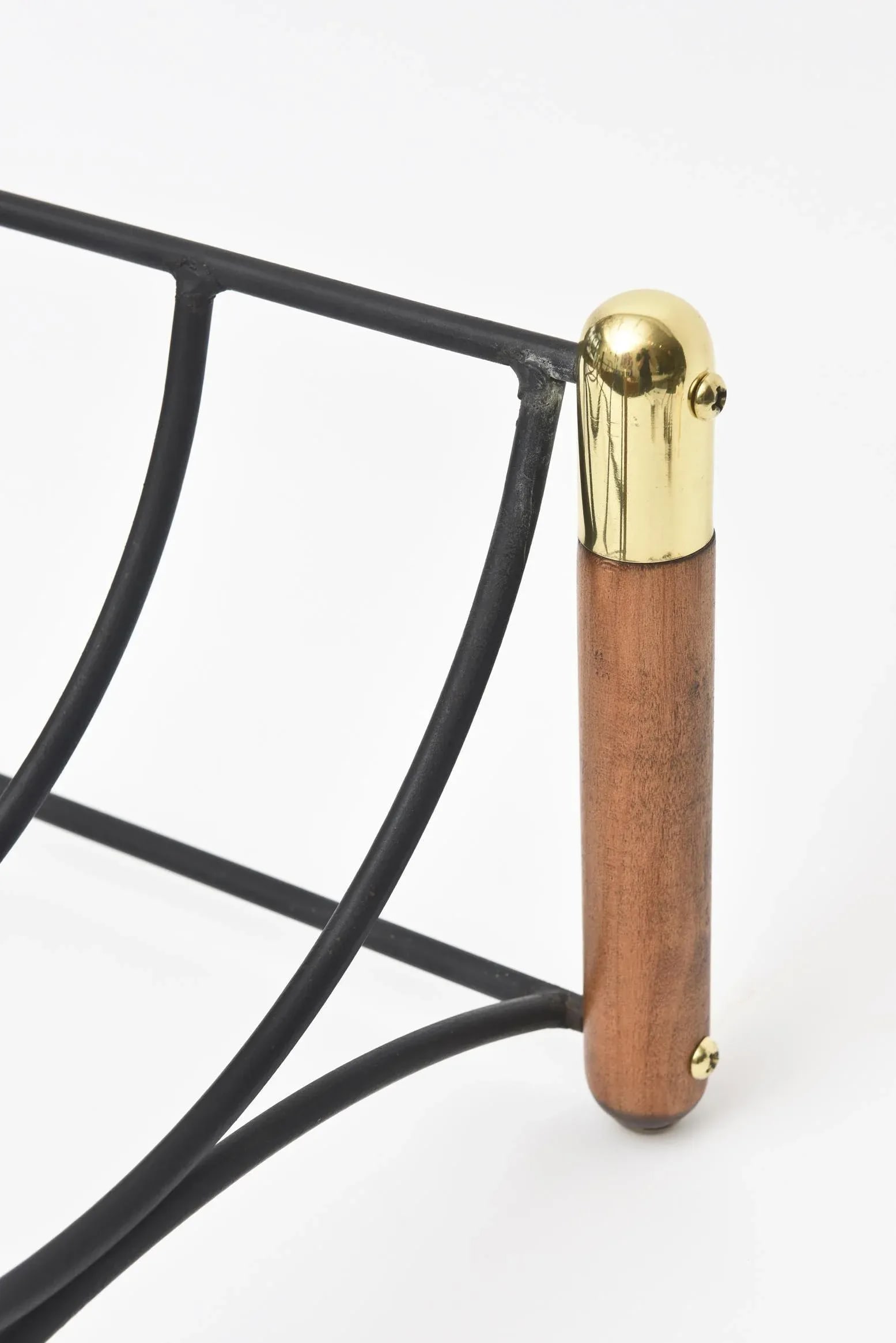 Mid Century Modern Wood, Iron and Brass Magazine or Fireplace Log Rack - 6