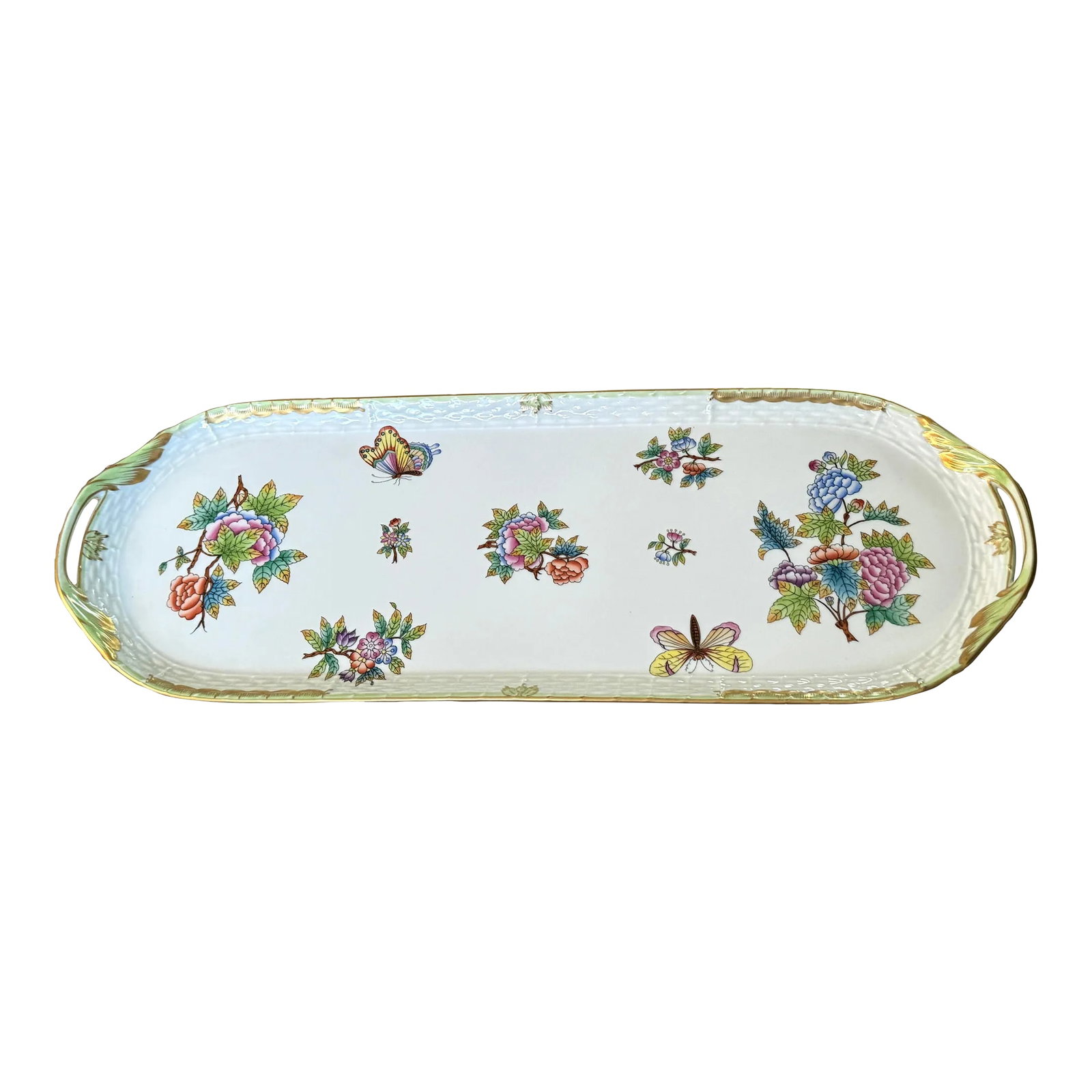 Herend Queen Victoria Green Large Porelain Sandwich Tray: Large sized Herend sandwich dish. Queen Victoria pattern. Gold detailing. Green edges with handles. Condition: Alterations: Original Condition Unaltered Imperfections: Some Imperfections Condition