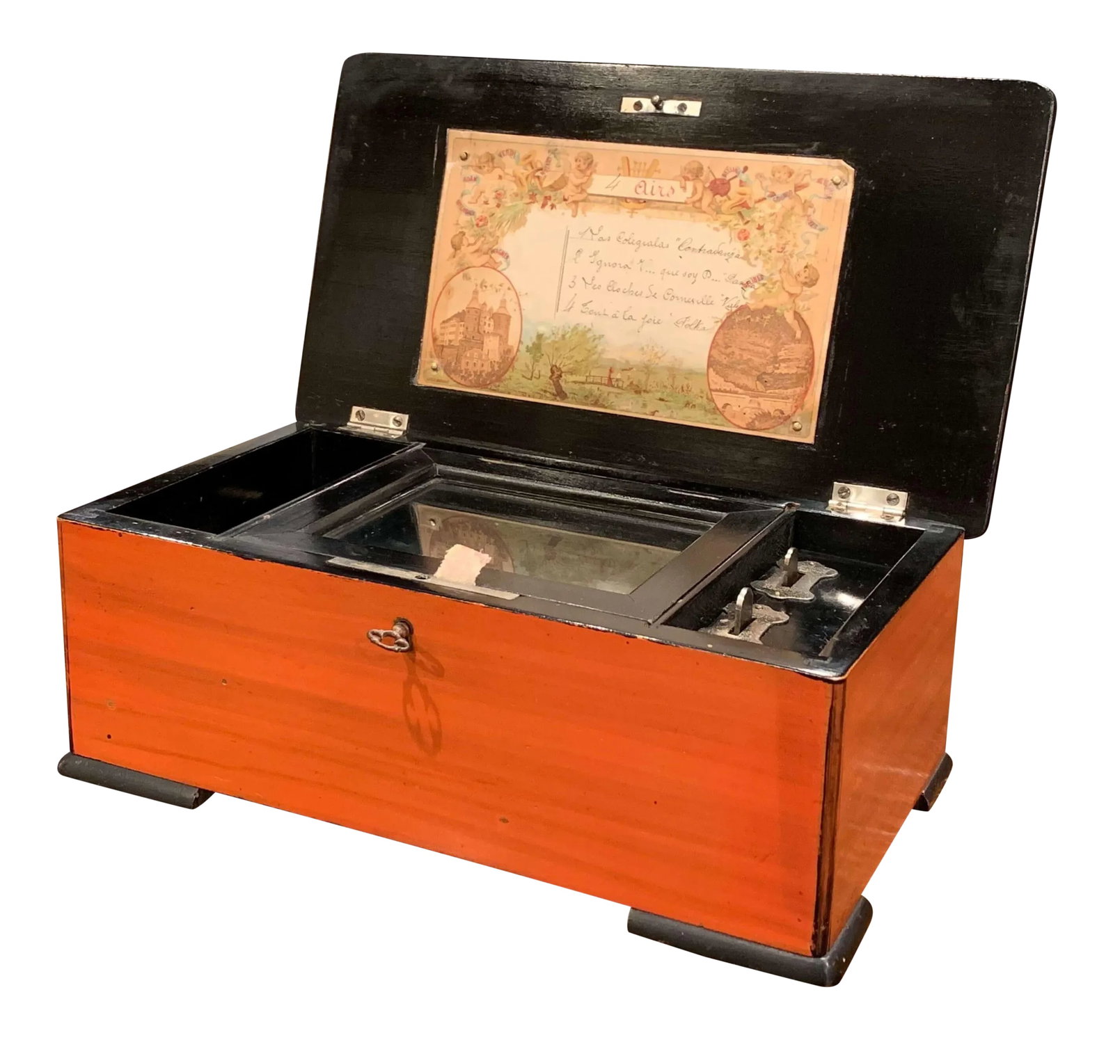 Early 20th Century French Tulip Wood and Painted Four-Song Cylinder Music Box (1 of 13)