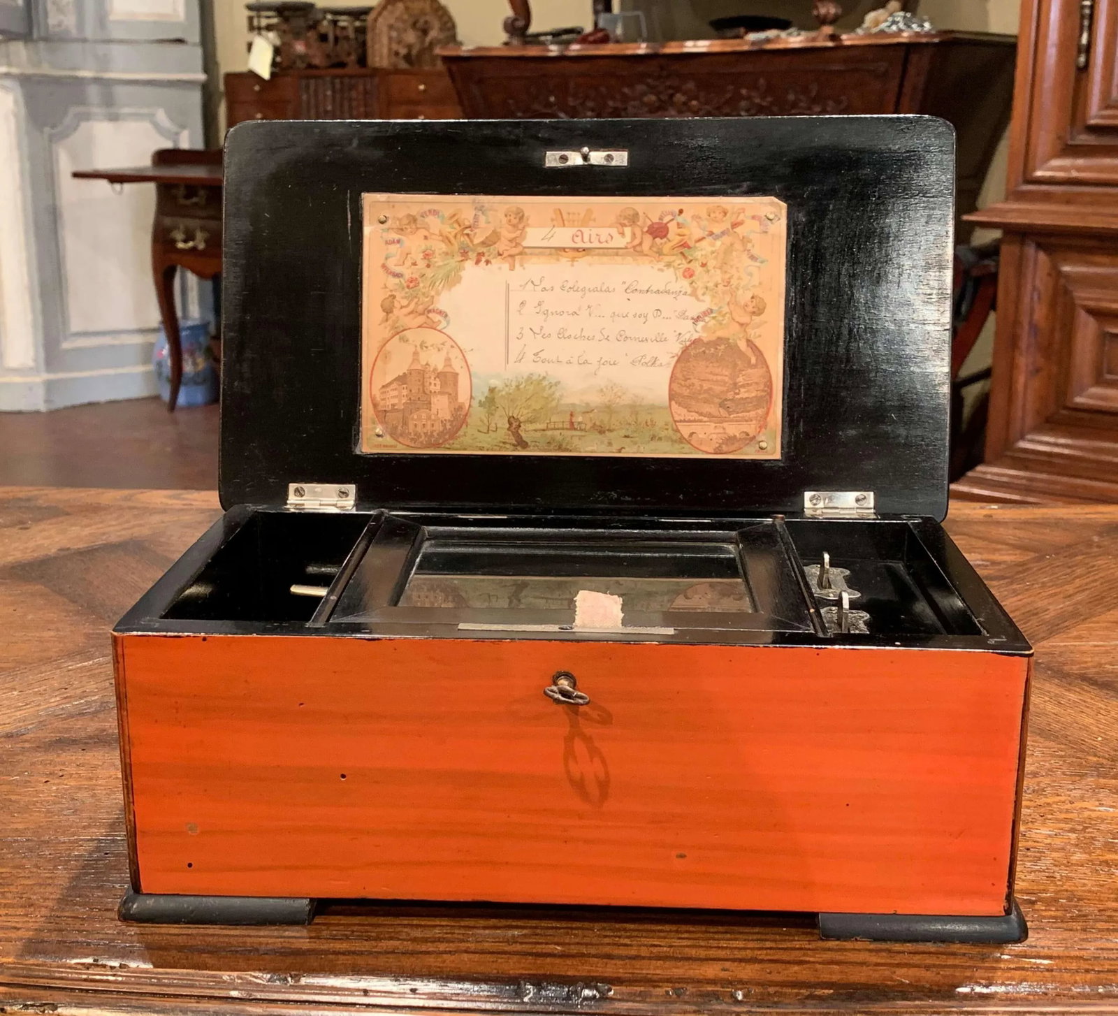 Early 20th Century French Tulip Wood and Painted Four-Song Cylinder Music Box - 2