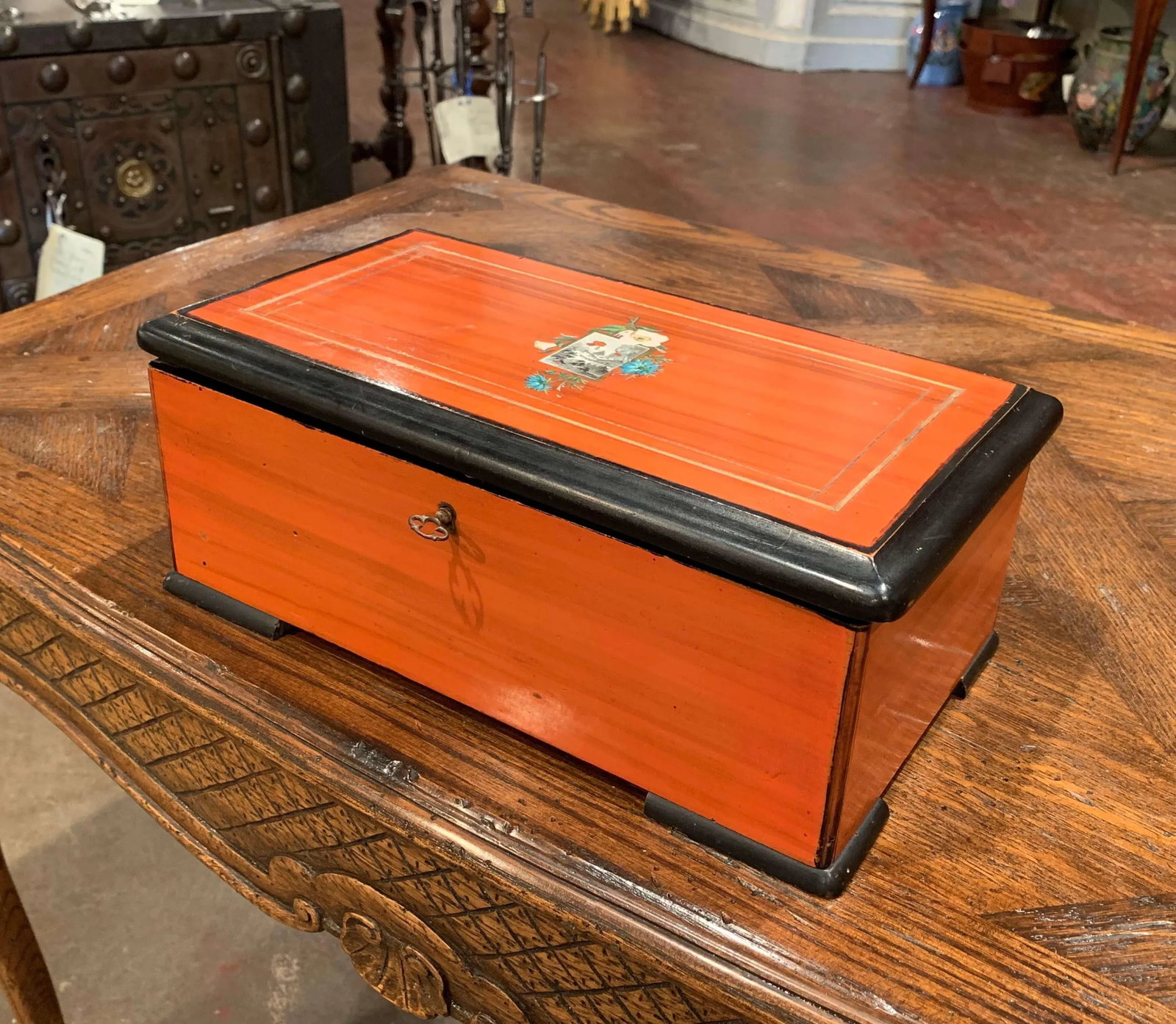 Early 20th Century French Tulip Wood and Painted Four-Song Cylinder Music Box - 6