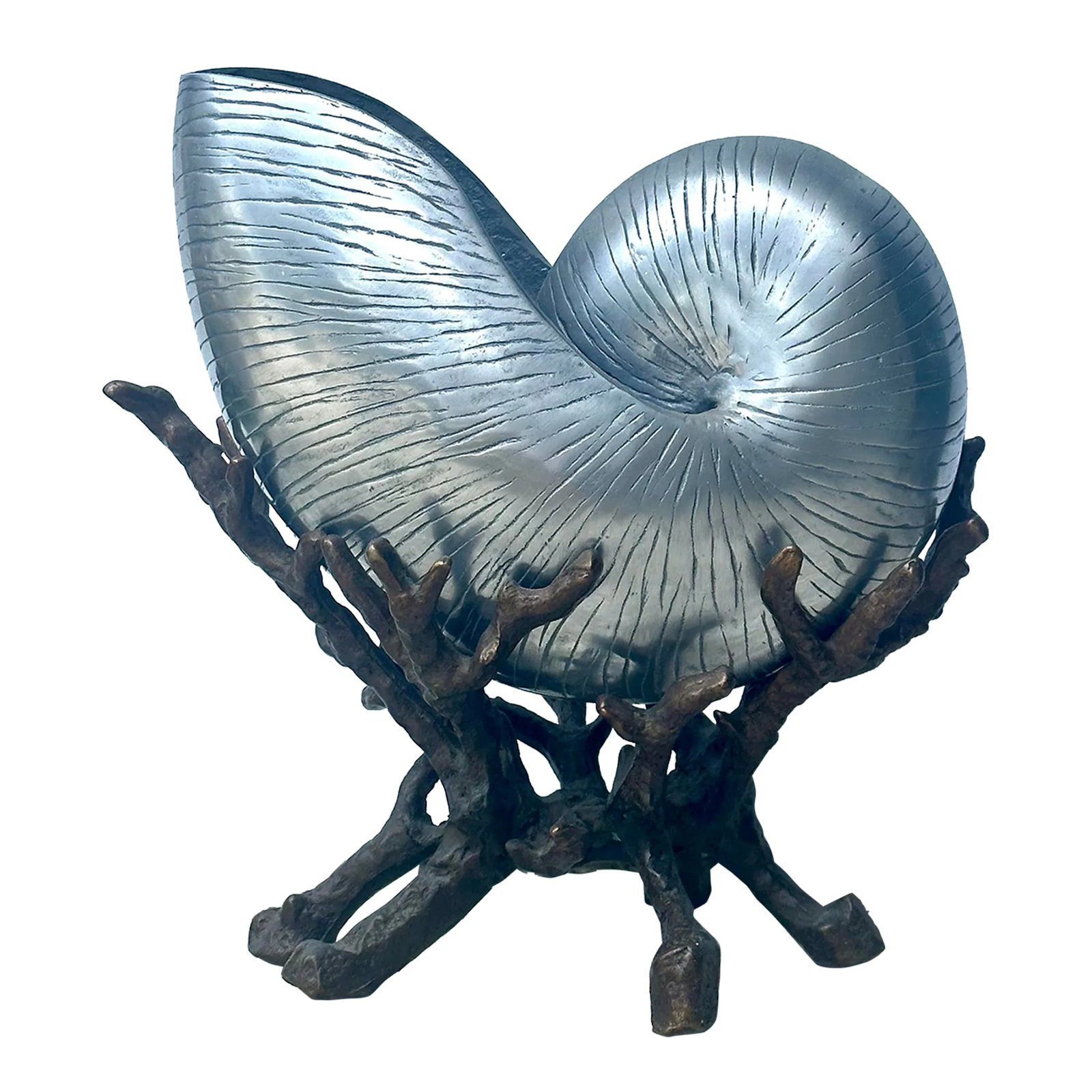 Vintage Silvered Nautilus Shell on Bronze Sea Coral Base: Gorgeous large silvered metal nautilus shell can be used as a wine cooler or just a beautiful piece of decor for any room. The base is quite heavy. Substantial size standing 12 inches high. The shell 