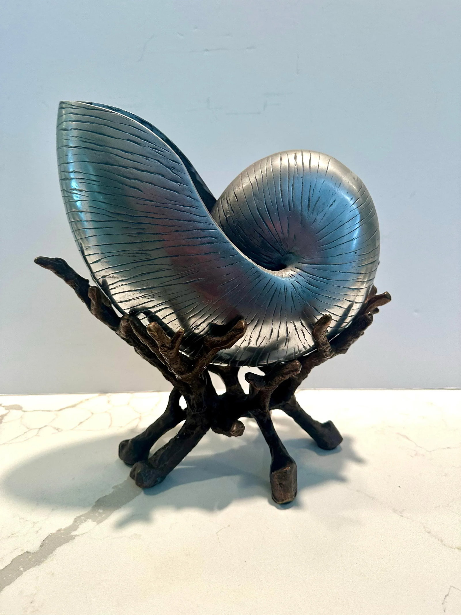 Vintage Silvered Nautilus Shell on Bronze Sea Coral Base - 2