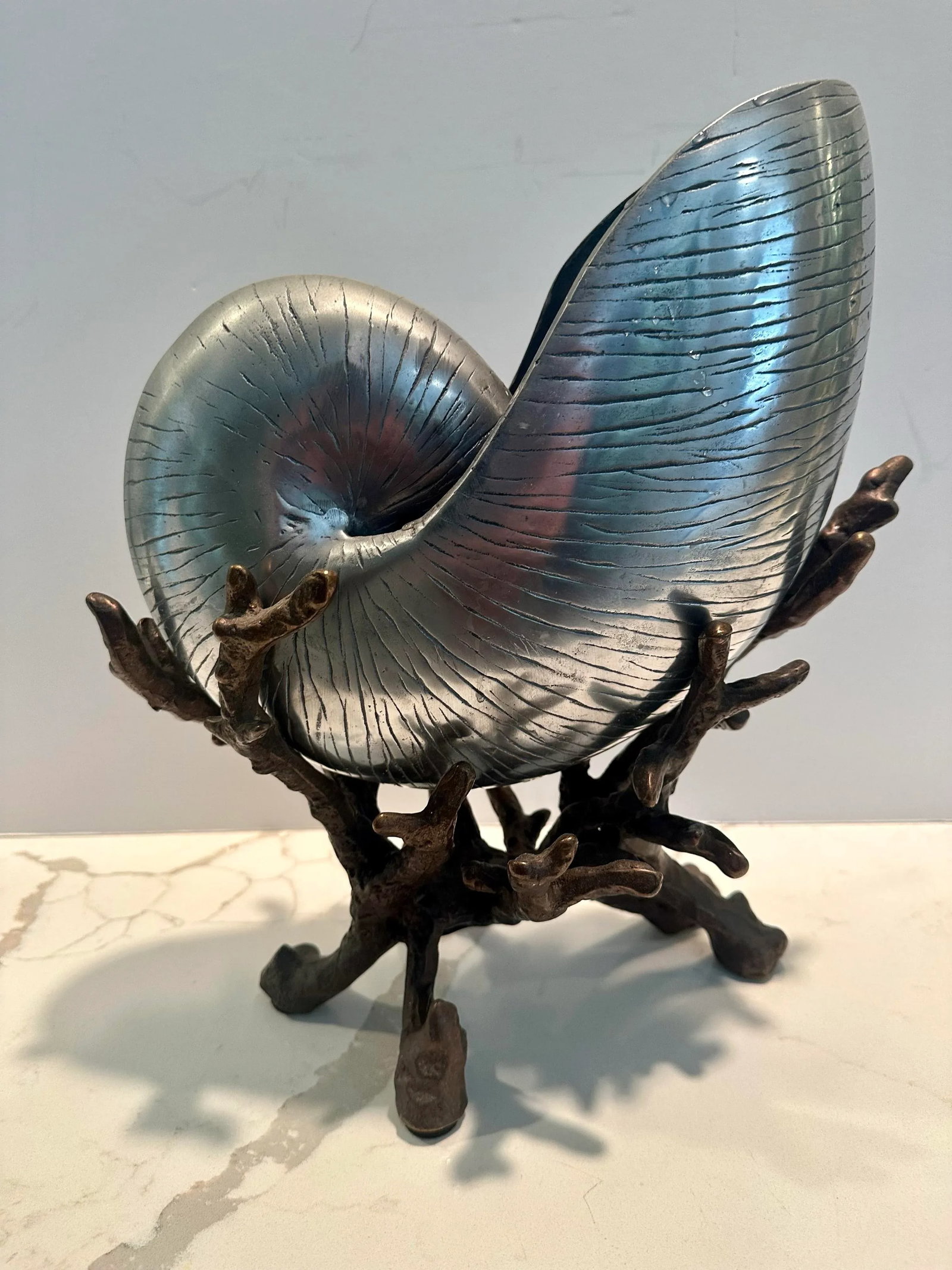 Vintage Silvered Nautilus Shell on Bronze Sea Coral Base - 3