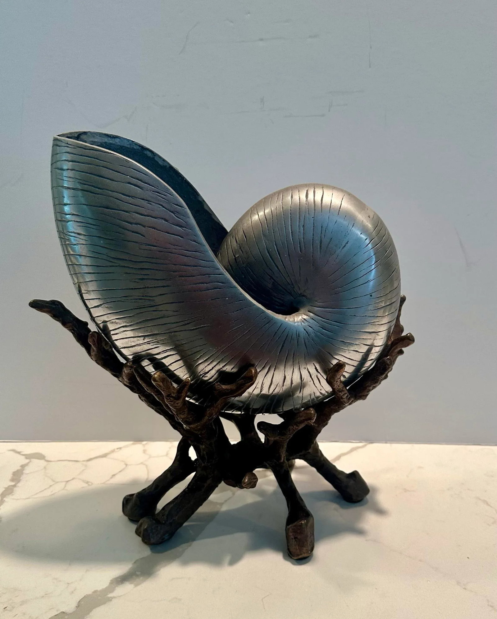 Vintage Silvered Nautilus Shell on Bronze Sea Coral Base - 6