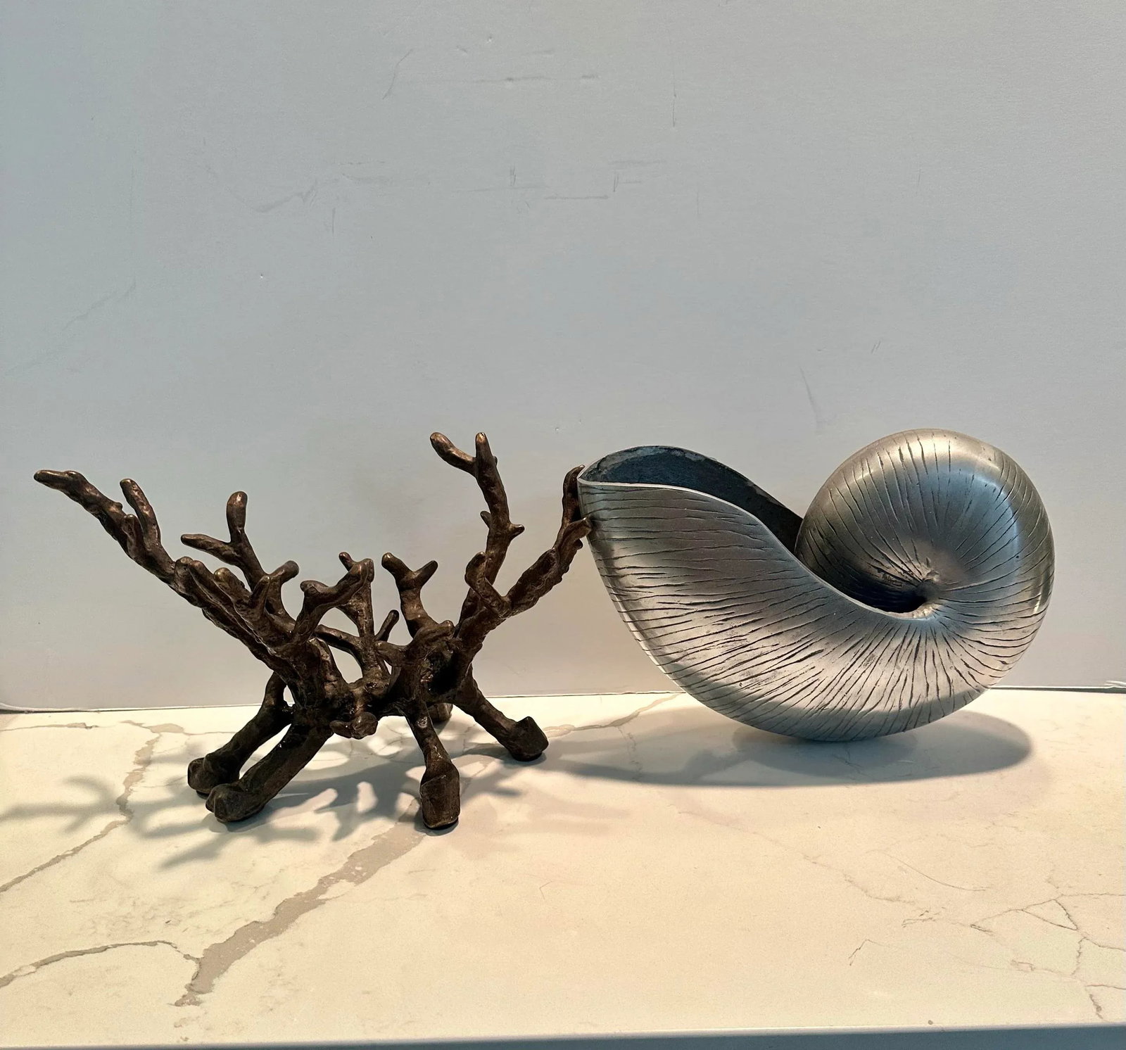 Vintage Silvered Nautilus Shell on Bronze Sea Coral Base - 7