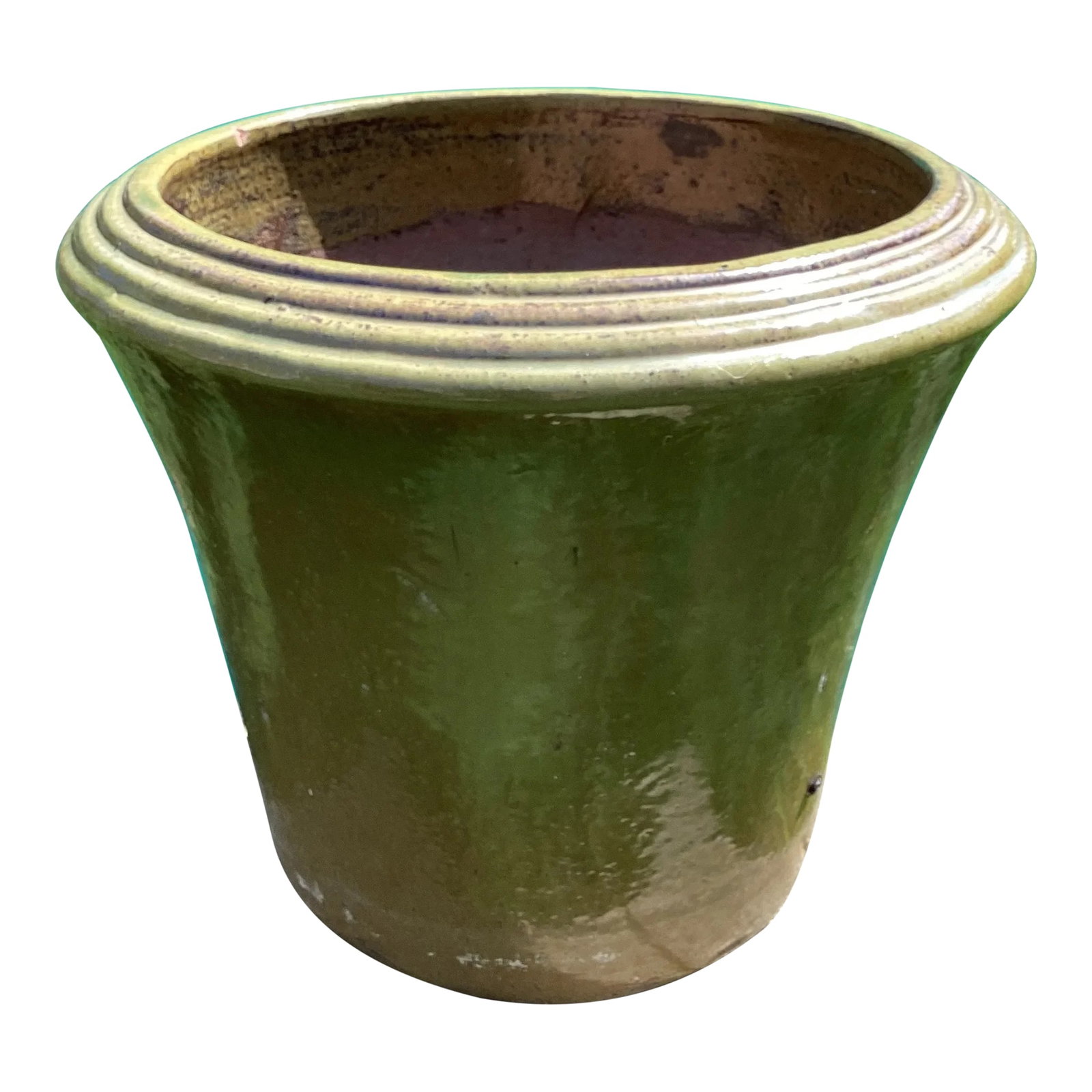 Mid 20th Century Handcrafted Glazed Terra Cotta Red Clay Large Scale Planter: Handcrafted of glazed terra cotta. Contemporary shape handcrafted from terracotta this planter brightens the deck or patio with beautiful green glaze color, perfect sizes are made for grouping togethe