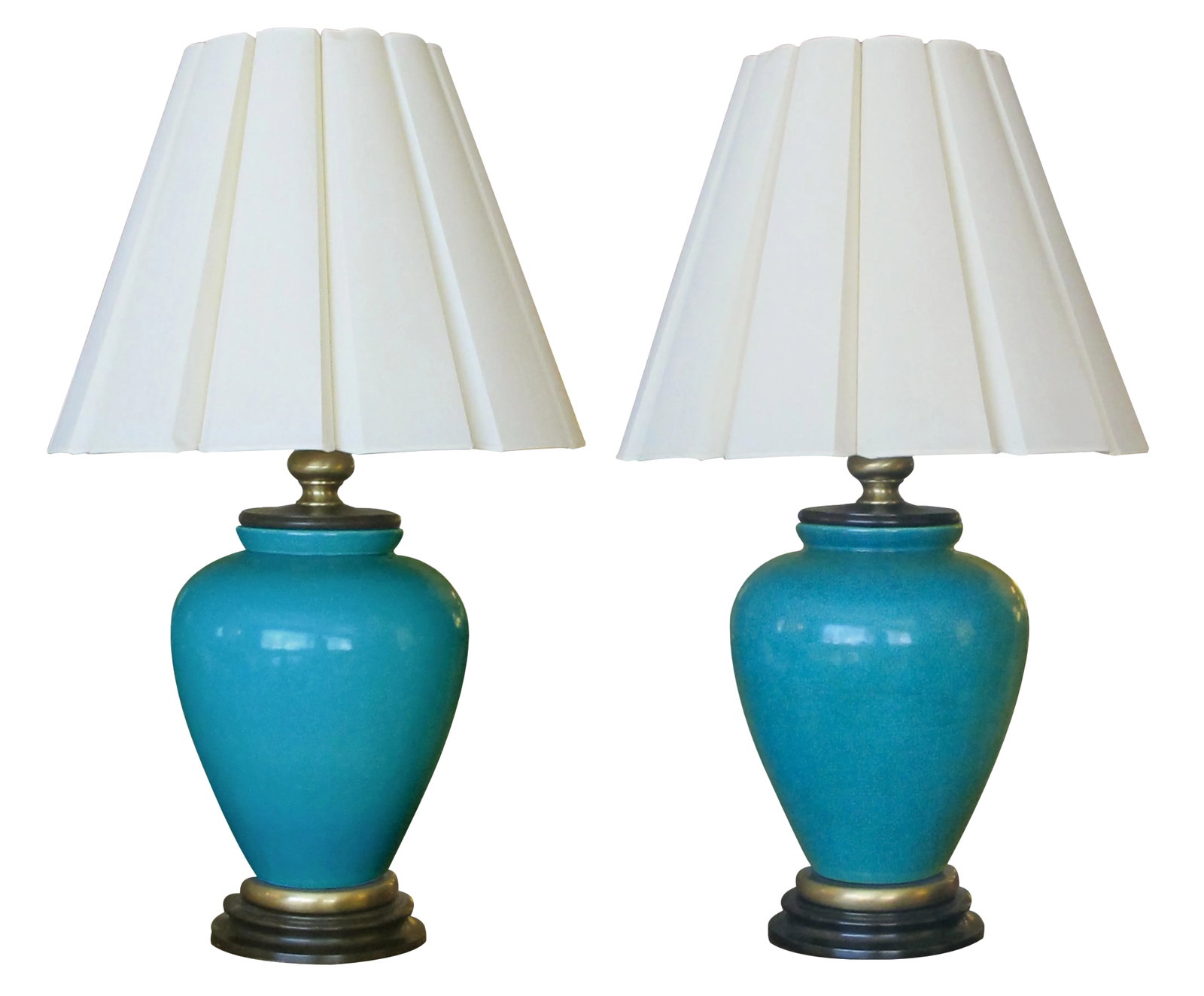 A Striking and Large American 1960's Turquoise Crackle-Glaze Ceramic Lamps by Frederick Cooper - a P: A striking and large pair of American 1960's turquoise crackle-glaze ceramic lamps by Frederick Cooper; each boldly-shaped ovoid-form lamp of richly-colored turquoise crackle glaze; fitted with wooden