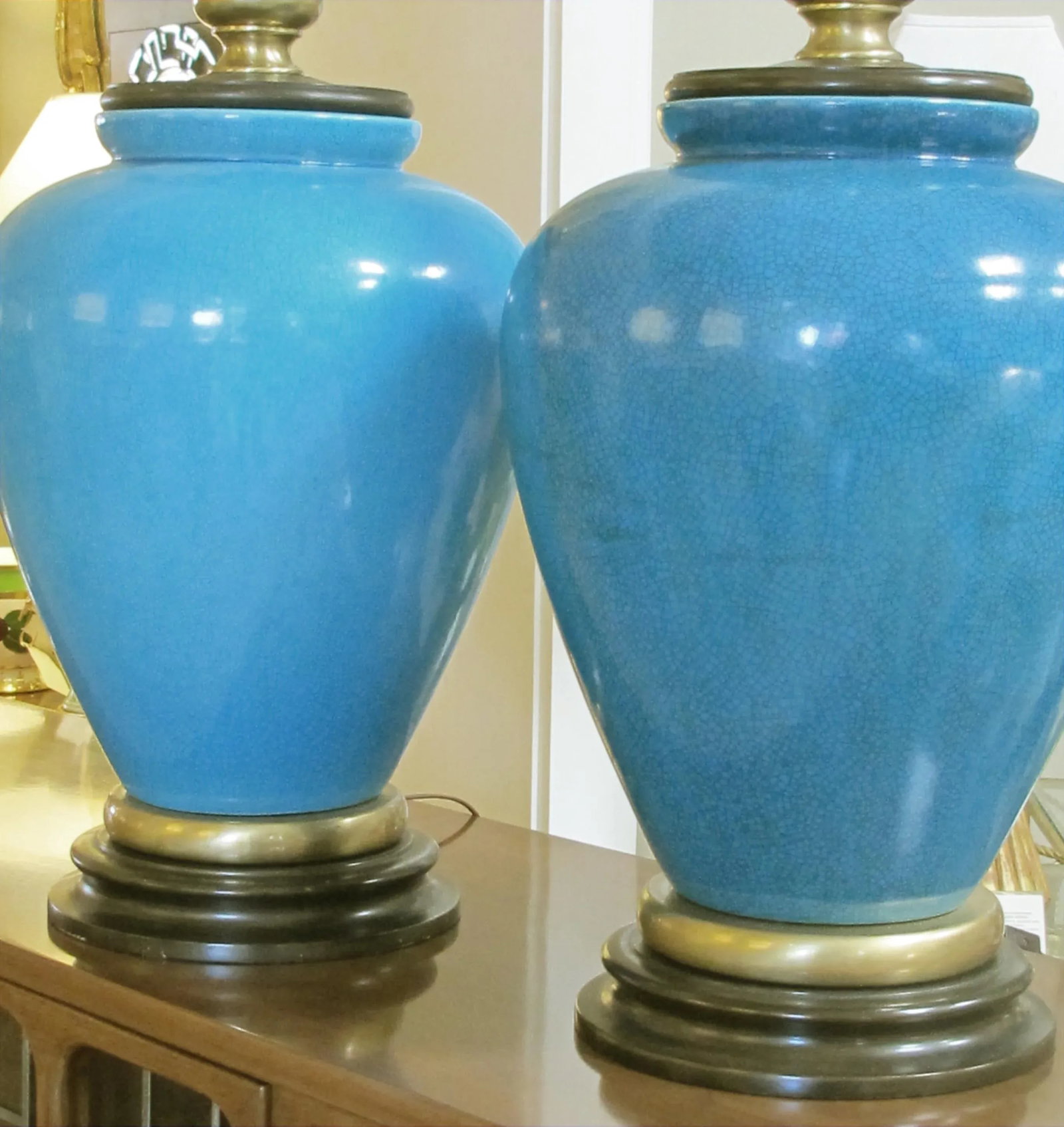 A Striking and Large American 1960's Turquoise Crackle-Glaze Ceramic Lamps by Frederick Cooper - a P - 8