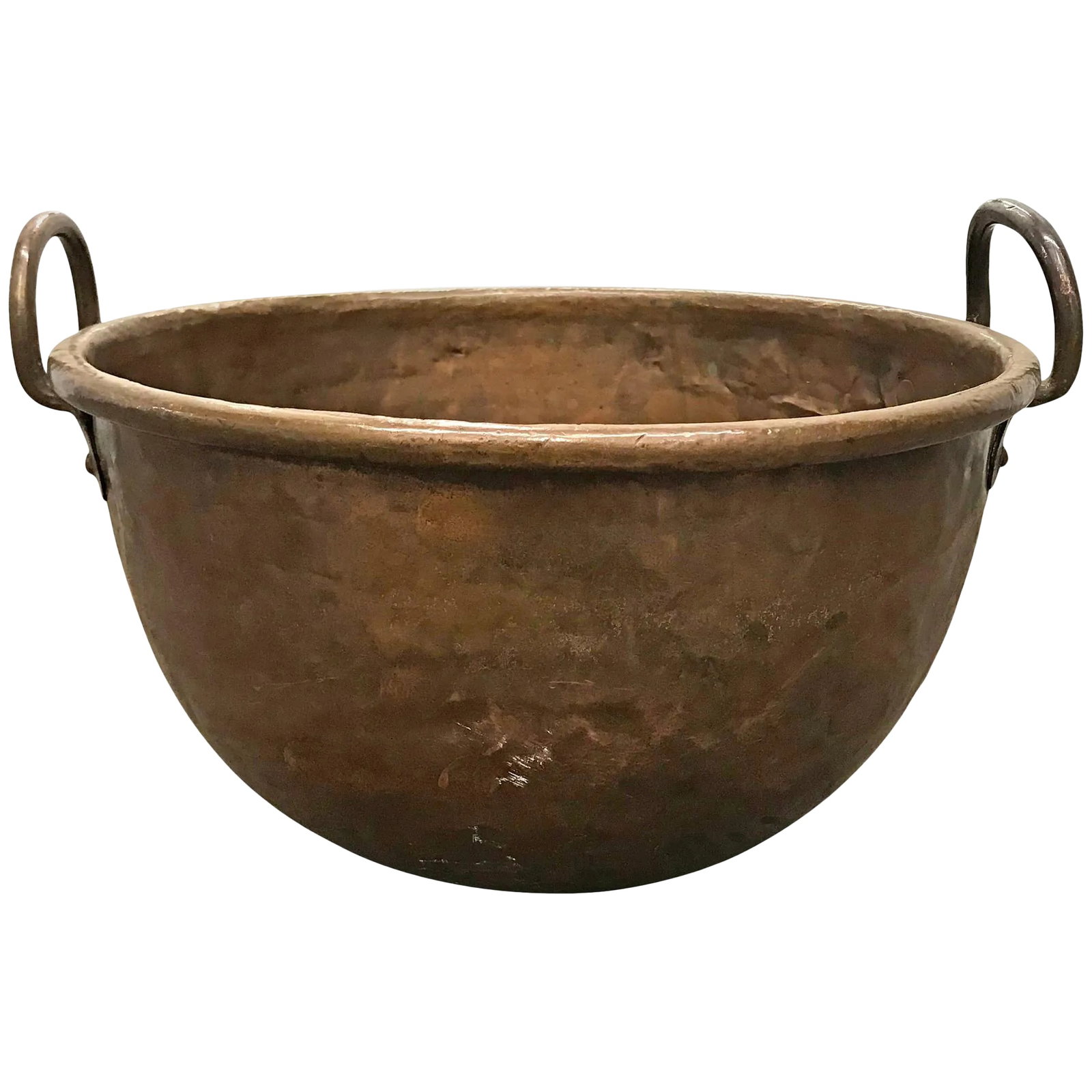 18th Century French Riveted Copper Confectioner's Pot.: An 18th century French copper confectioner's pot with wonderfully forged handles, a thick rolled rim, and a circular patch at the bottom with the most elaborate hand-hammered rivets. We think this is