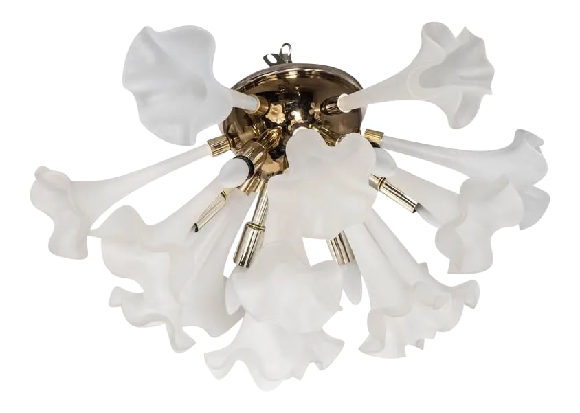 Handblown Flush Mount Murano Chandelier in Brass with Frosted Glass Flowers: A Mid-Century Modernist flush mount chandelier featuring 15 handblown frosted glass flowers with elongated stems, which attach to a brass base cap. This fixture also holds five candelabra-style