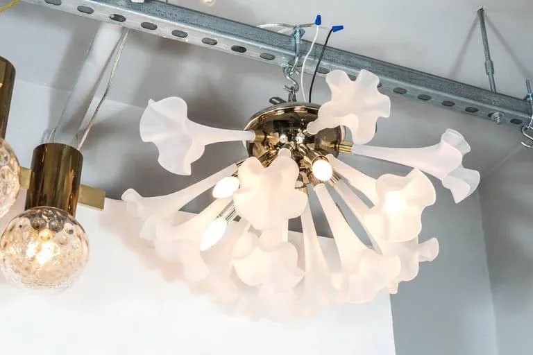 Handblown Flush Mount Murano Chandelier in Brass with Frosted Glass Flowers - 2