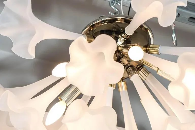 Handblown Flush Mount Murano Chandelier in Brass with Frosted Glass Flowers - 3