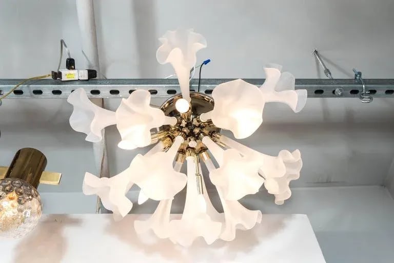 Handblown Flush Mount Murano Chandelier in Brass with Frosted Glass Flowers - 4