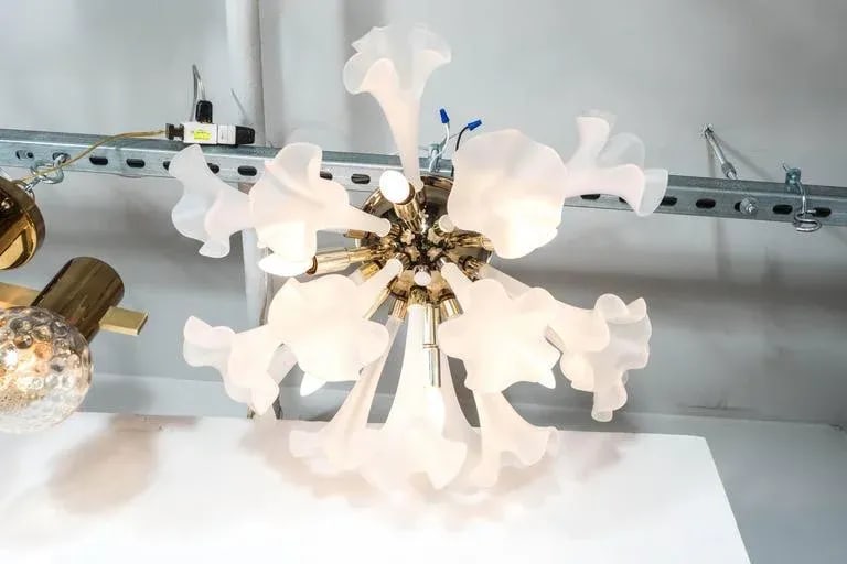 Handblown Flush Mount Murano Chandelier in Brass with Frosted Glass Flowers - 5
