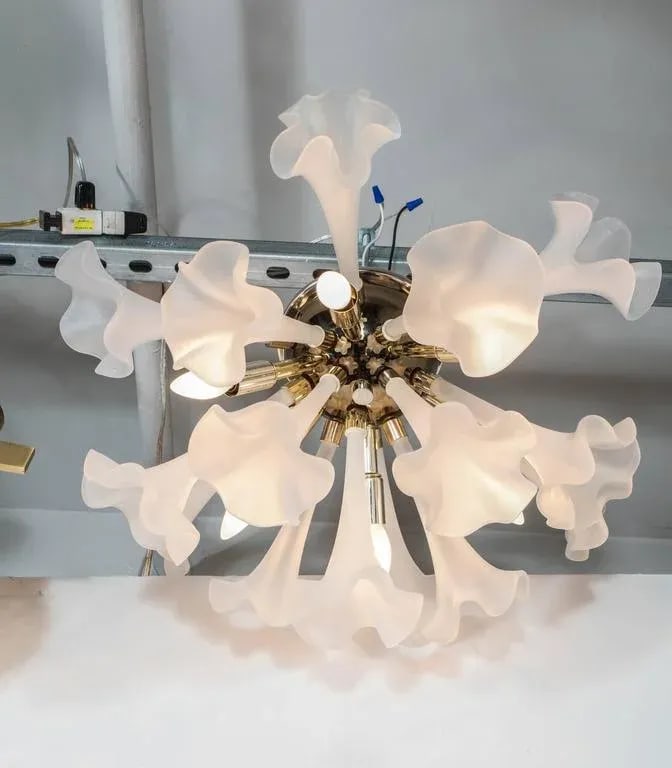 Handblown Flush Mount Murano Chandelier in Brass with Frosted Glass Flowers - 6