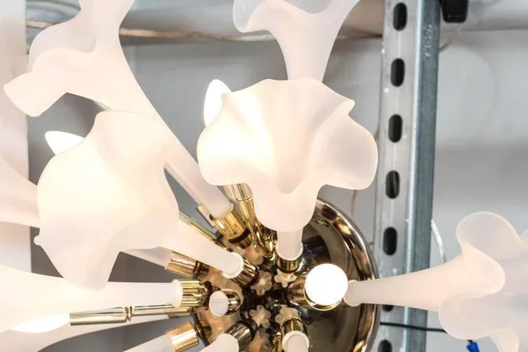 Handblown Flush Mount Murano Chandelier in Brass with Frosted Glass Flowers - 7