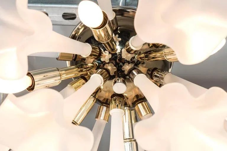 Handblown Flush Mount Murano Chandelier in Brass with Frosted Glass Flowers - 8