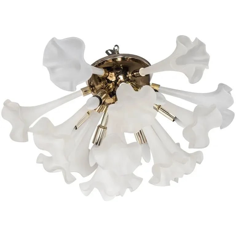 Handblown Flush Mount Murano Chandelier in Brass with Frosted Glass Flowers - 9