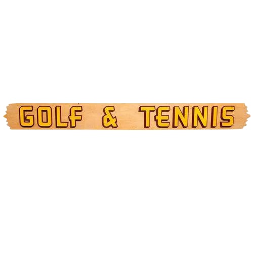 Mid-Century American "Golf & Tennis" Wooden Sign: This is a delightful piece of mid-century signage that we were thrilled to find. It seems to be a relic from a 1950's country club or sporting goods store. The articulated raised letters are on a shap