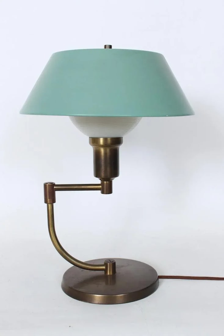 Walter Von Nessen Style Brass Swing Arm Desk Lamp with Pale Green Shade, 1940's - 12