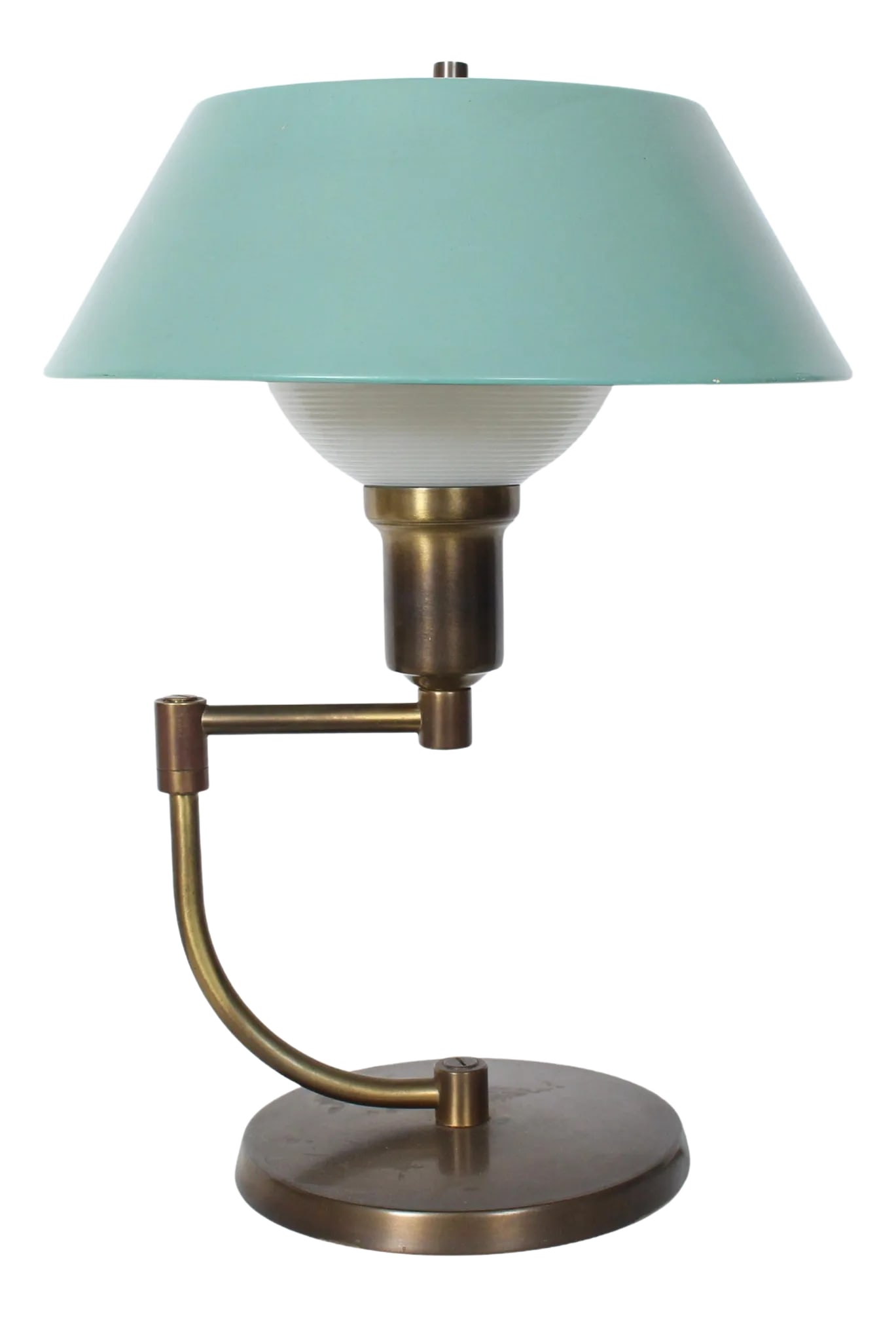 Walter Von Nessen Style Brass Swing Arm Desk Lamp with Pale Green Shade, 1940's: Walter Von Nessen Style Brass Swing Arm Desk Lamp with Pale Green Shade. Featuring a Brass column with extending and adjustable swing arm. extending to 16L. With original white smoothly ribbed Milk Gl