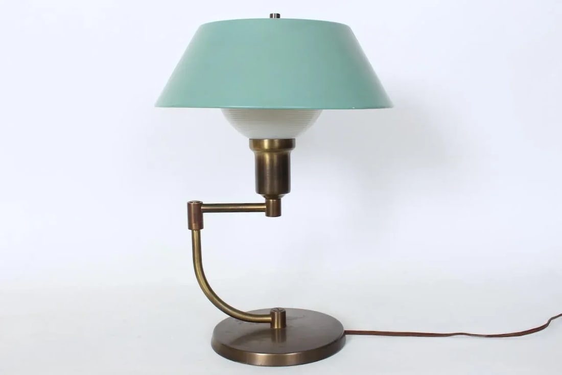 Walter Von Nessen Style Brass Swing Arm Desk Lamp with Pale Green Shade, 1940's - 2