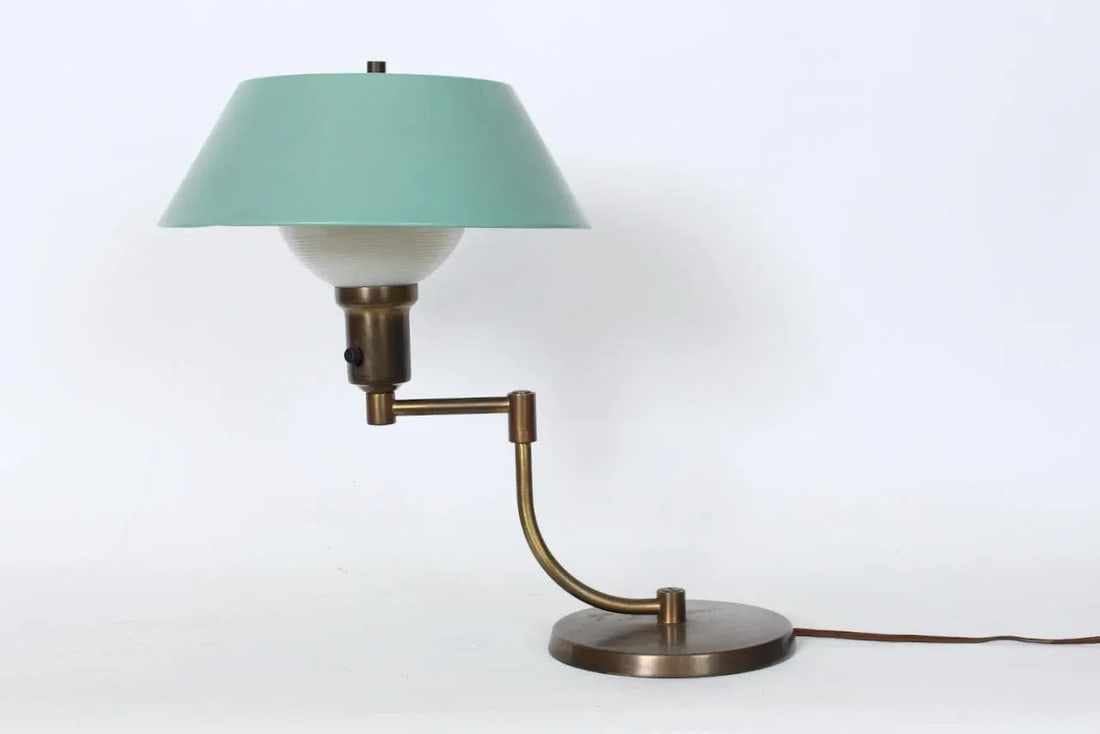 Walter Von Nessen Style Brass Swing Arm Desk Lamp with Pale Green Shade, 1940's - 3