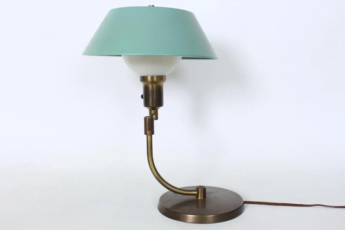 Walter Von Nessen Style Brass Swing Arm Desk Lamp with Pale Green Shade, 1940's - 4