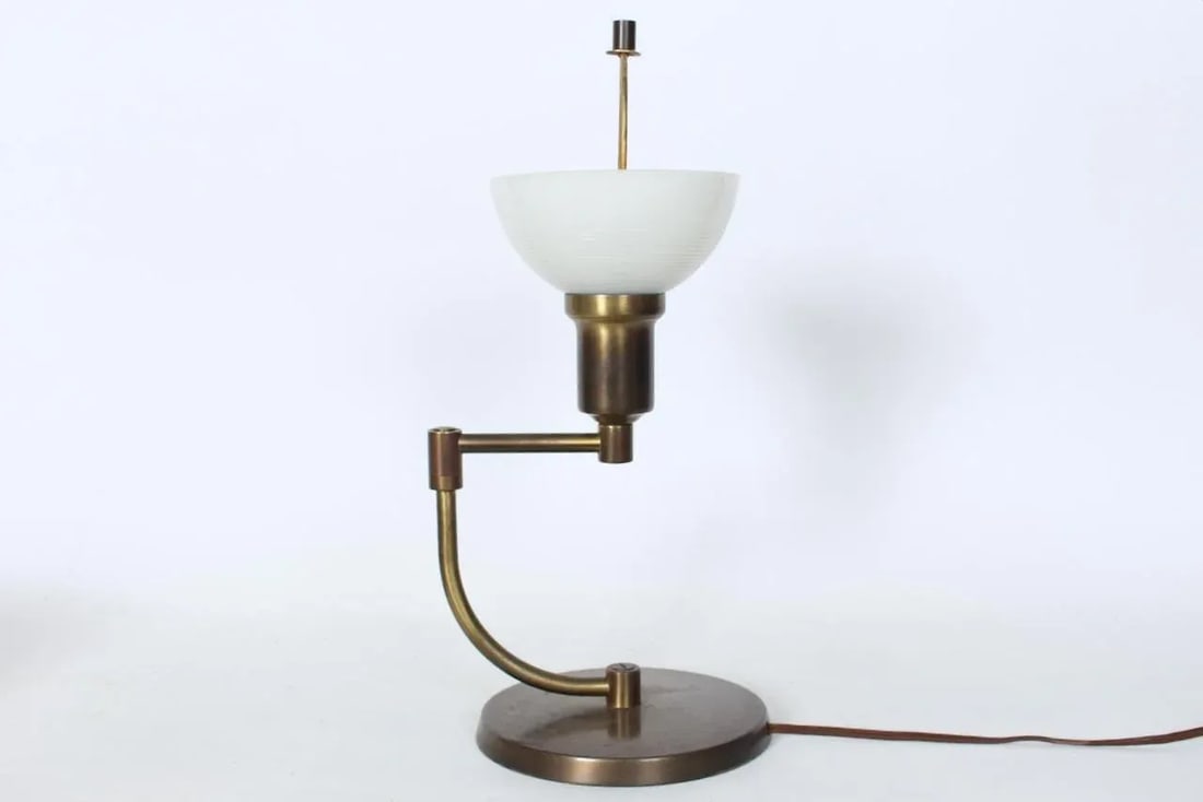 Walter Von Nessen Style Brass Swing Arm Desk Lamp with Pale Green Shade, 1940's - 5