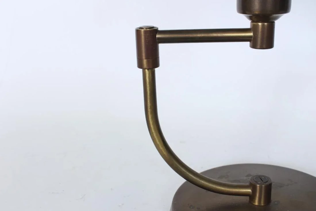 Walter Von Nessen Style Brass Swing Arm Desk Lamp with Pale Green Shade, 1940's - 7