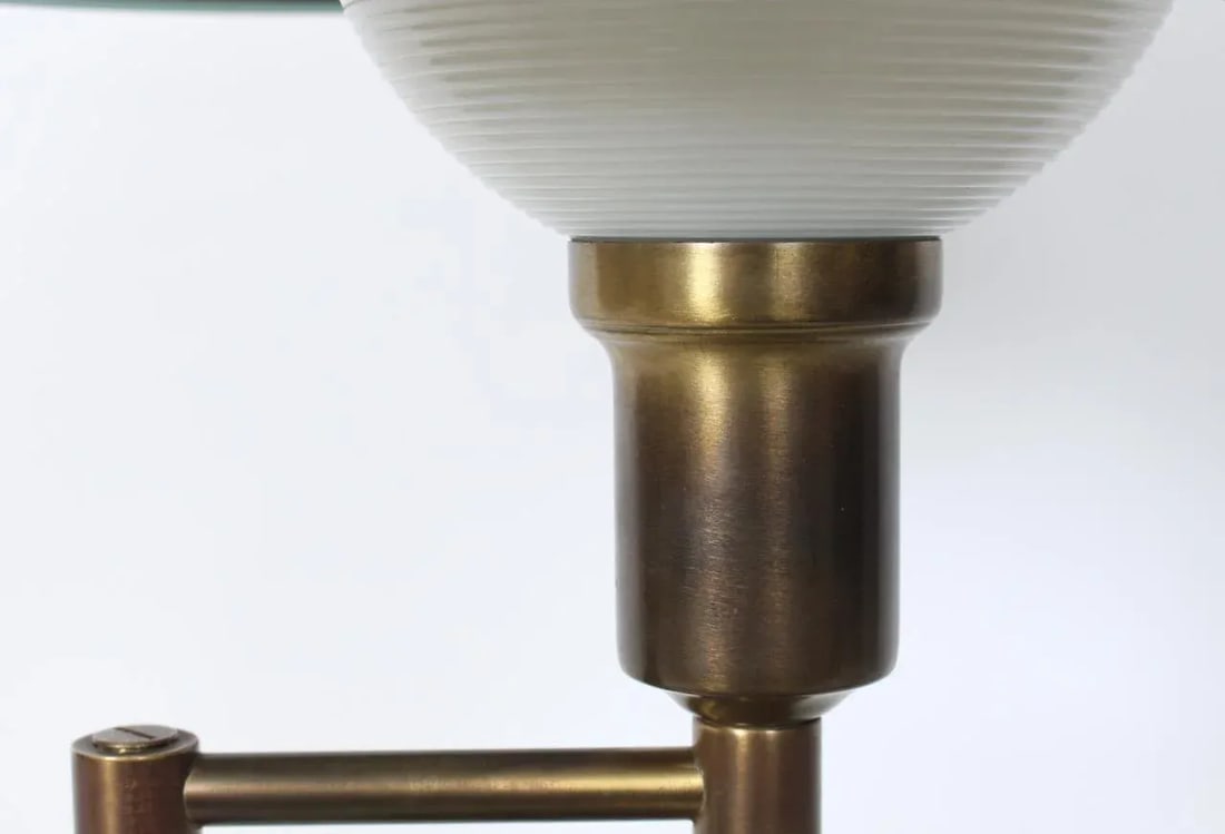 Walter Von Nessen Style Brass Swing Arm Desk Lamp with Pale Green Shade, 1940's - 8