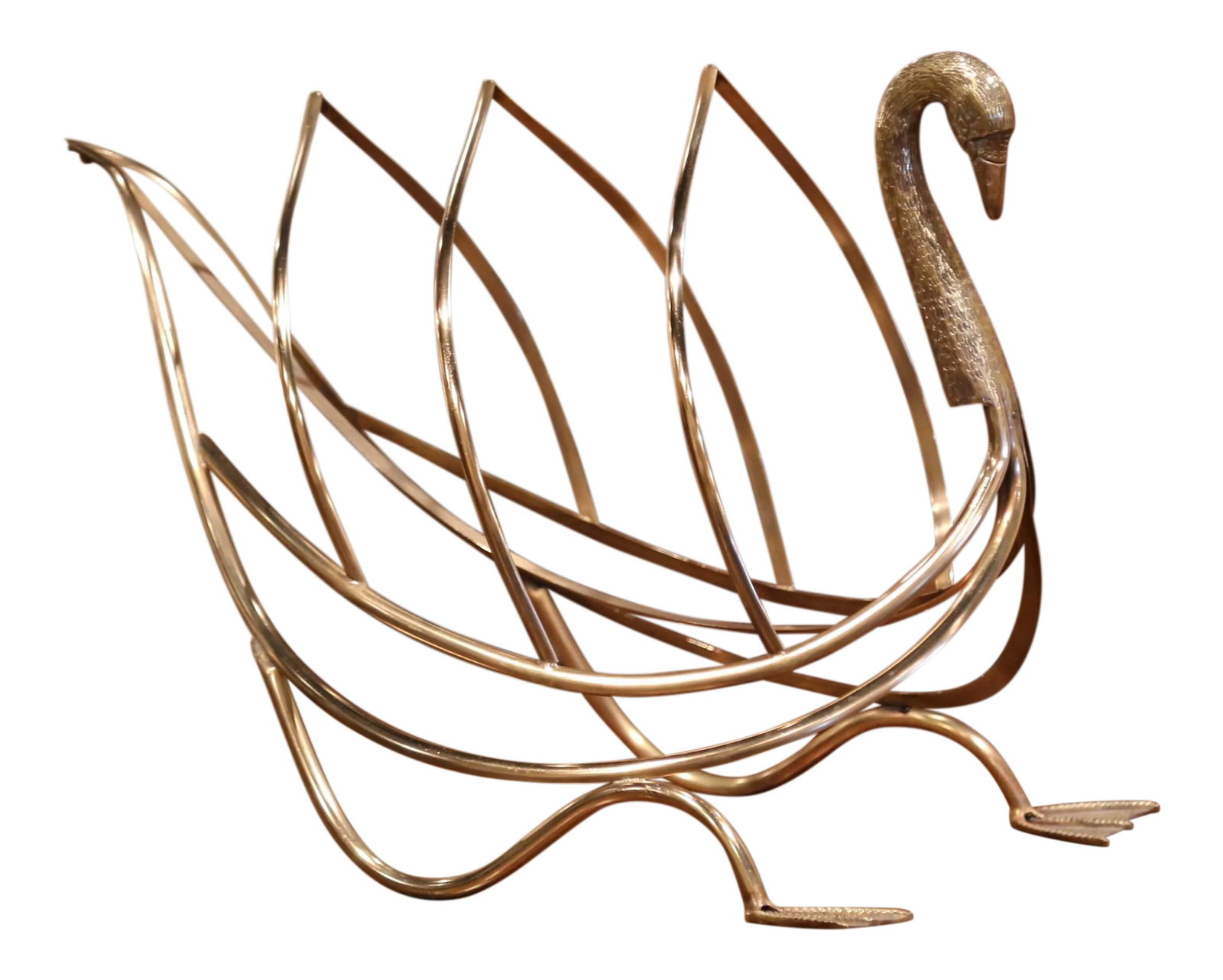 Midcentury French Brass Swan Magazine Rack From Maison Jansen: This whimsical brass swan magazine holder was created by Maison Jansen. The piece stands on carved swan feet and features a detailed swan head and body with copious space for magazines or newspapers.