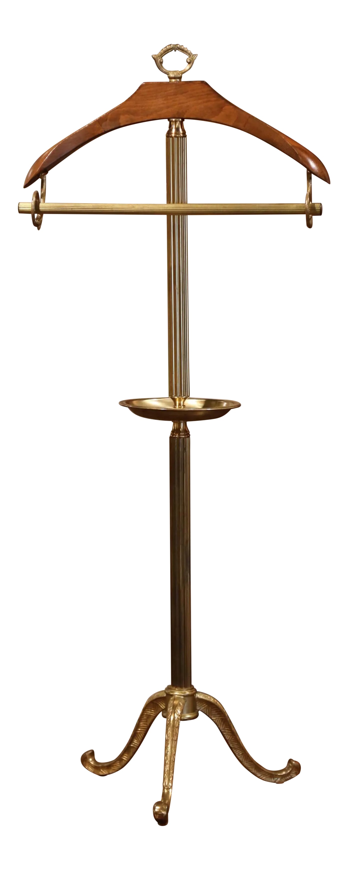 Early 20th Century French Brass and Walnut Gentleman's Valet Stand: Organize a bedroom or dressing area with this elegant French gentleman's valet, crafted in Paris circa 1920. Designed for both function and presentation, the stand features a shaped walnut hanger at