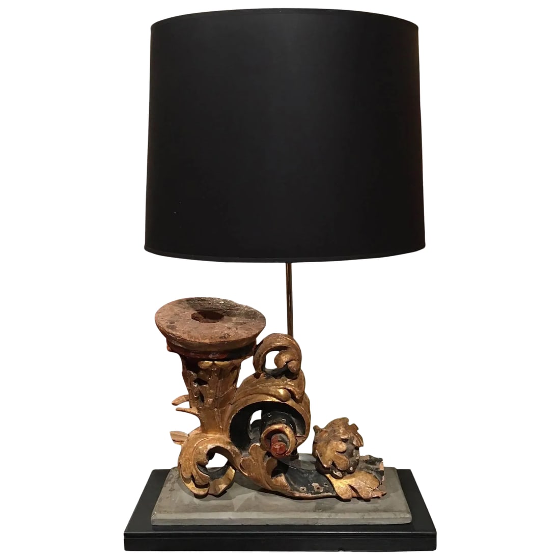 Italian Gilt and Painted Wood Scroll Fragment Adapted as a Lamp, 18th Century: Italian gilt and painted wood scroll fragment adapted as a lamp, 18th century. Condition: Alterations: Unknown Imperfections: Needs Restoration Condition Notes: Distressed Wear consistent with age