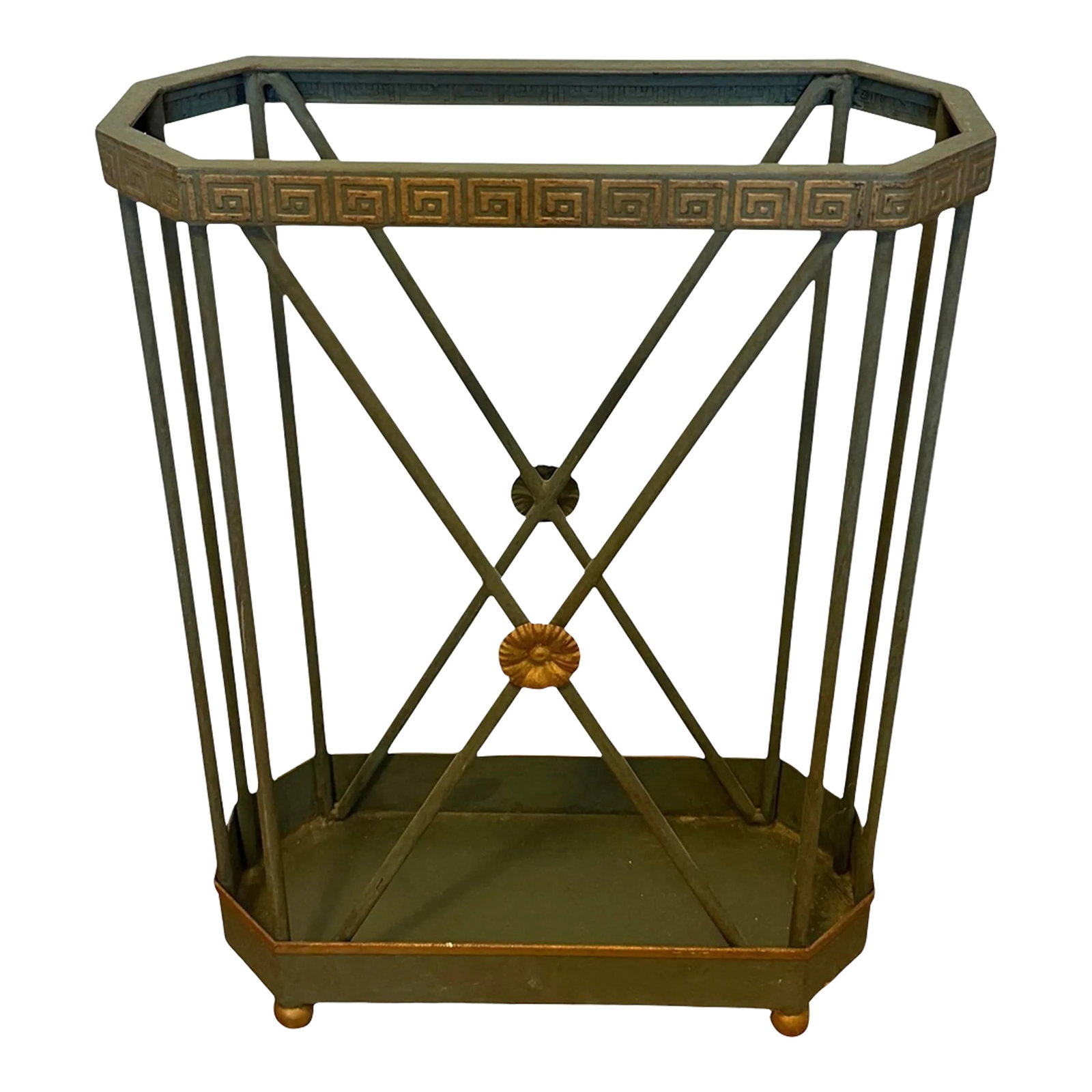 Vintage Green and Gilded Tole Greek Key Umbrella Stand (1 of 8)