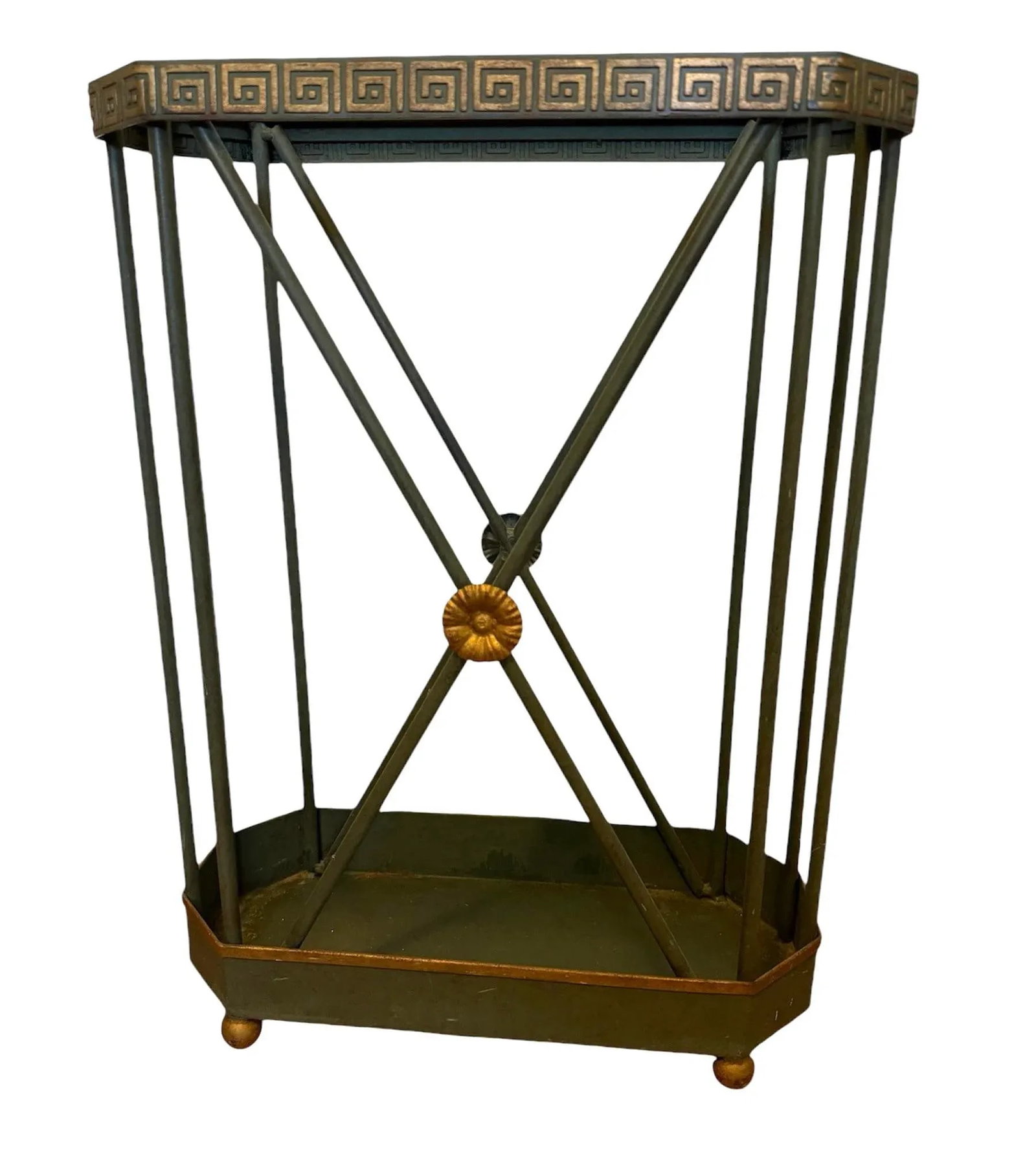 Vintage Green and Gilded Tole Greek Key Umbrella Stand - 2