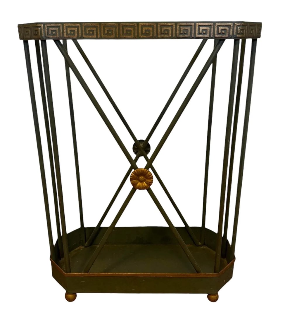 Vintage Green and Gilded Tole Greek Key Umbrella Stand - 3