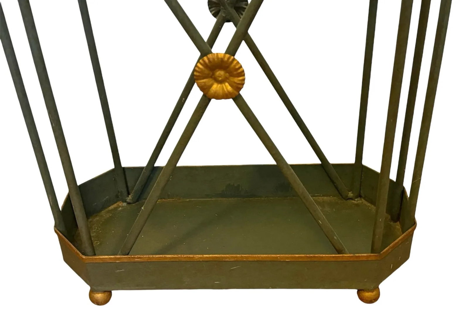 Vintage Green and Gilded Tole Greek Key Umbrella Stand - 4