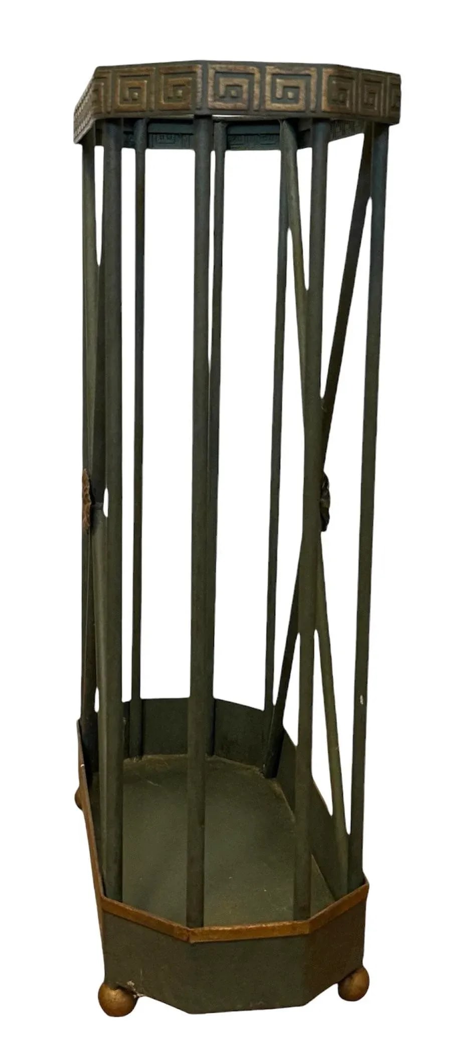 Vintage Green and Gilded Tole Greek Key Umbrella Stand - 5